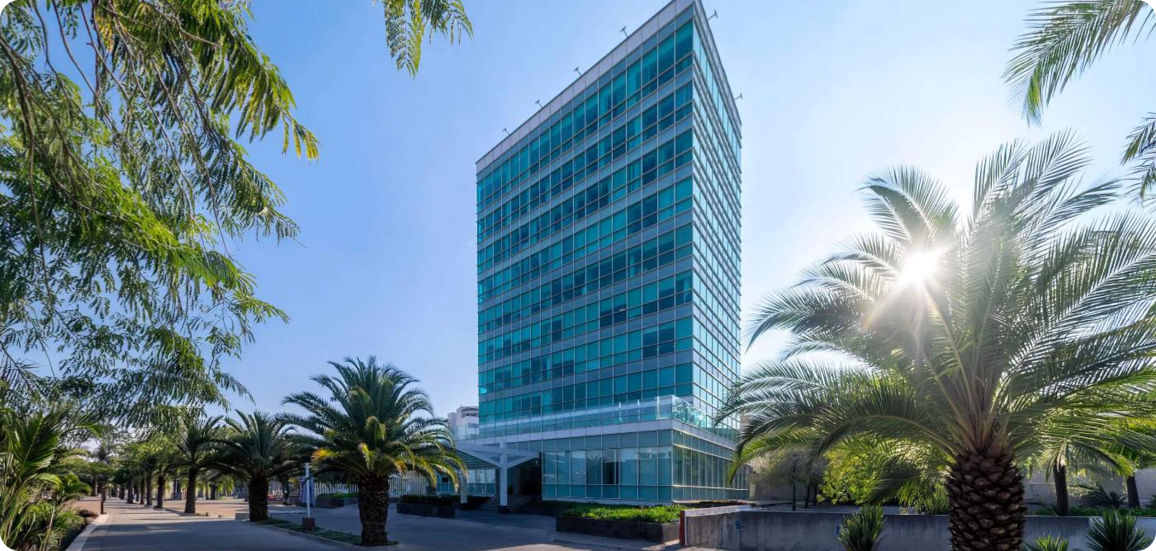 Oficina privada con ventanales de piso a techo, escritorios con sillas ergonómicas y vista panorámica a la ciudad y las montañas